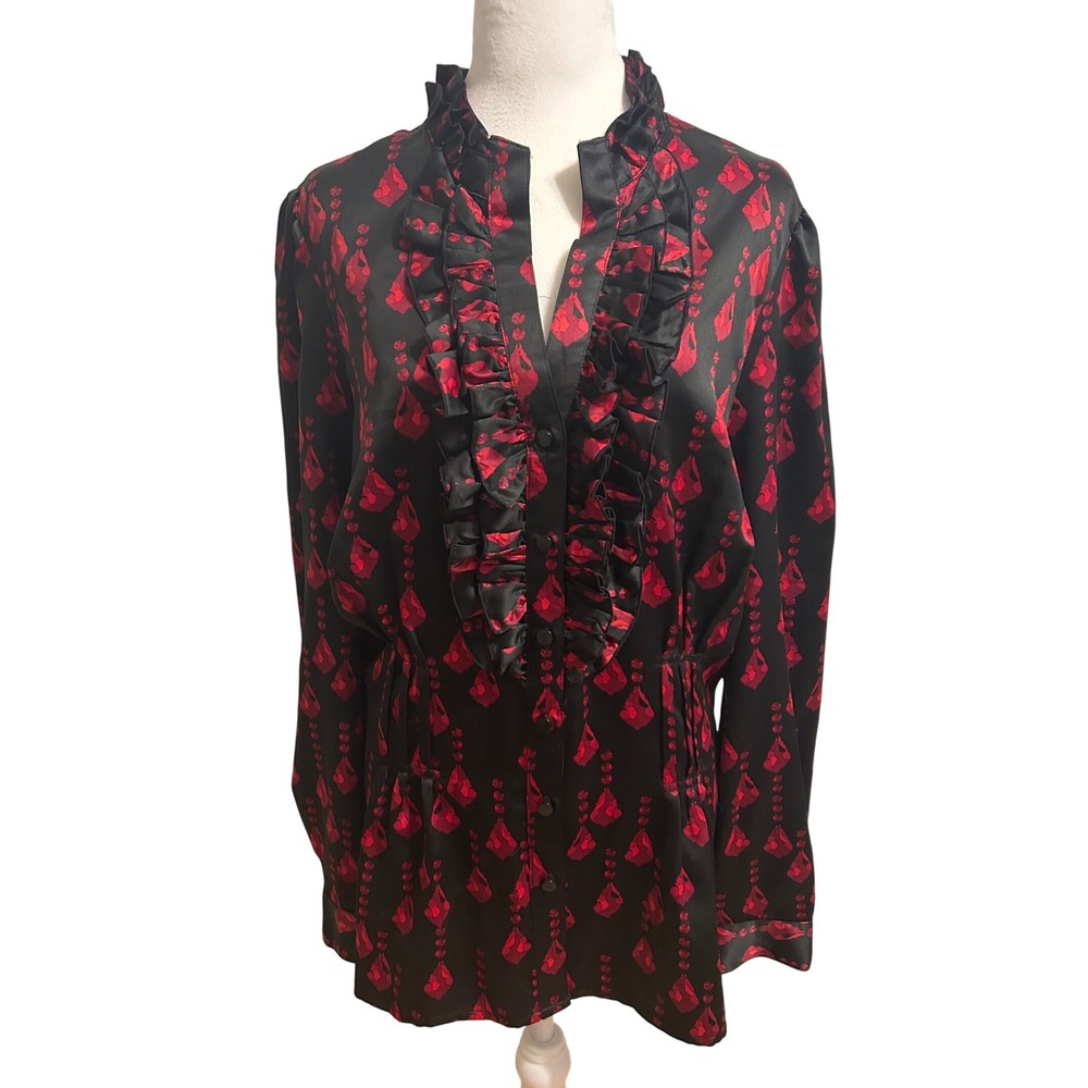 Worthington‎ 3X Holiday blouse ruffle black red silky glam party Christmas top